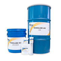 Product packaging options for Rheolube 462 including a keg, pail, tube, and cartridge. 