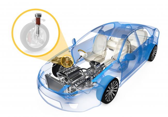 A model of an automotive suspension system highlighting the upper isolator and jounce bumper. 