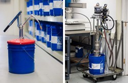A lubricant is pumped into a pail. 