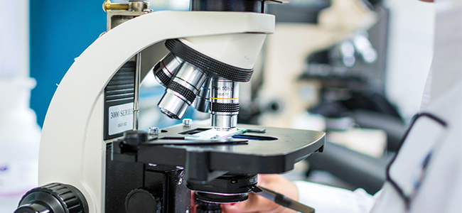 A Nye ultrafiltration technician inspecting a sample under a microscope.