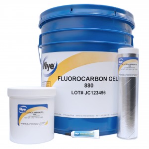 Packaging options for Nye Lubricants' Fluorocarbon Gel 880 including cartridges, tubes, pails, and plastic jars. 