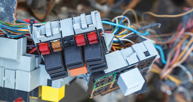 A close up of a connector with wires in the background. 