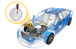 A model of an automotive suspension system highlighting the upper isolator and jounce bumper. 