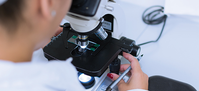 An ultrafiltration technician at Nye Lubricants inspects a sample of grease under a microscope.