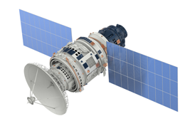 A 3D render of a satellite. 